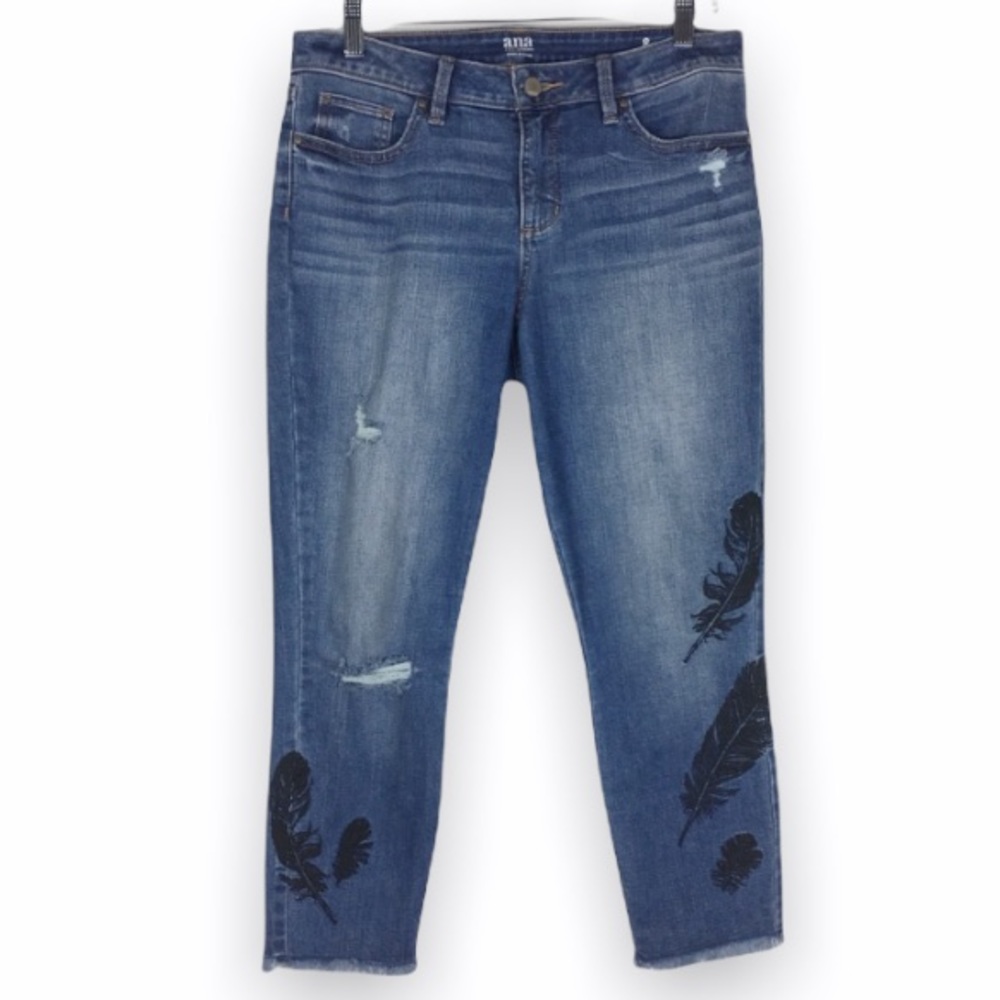 Ana Womens Size 8 Distressed Embroidered Black Feather Raw Hem‎ Jeans